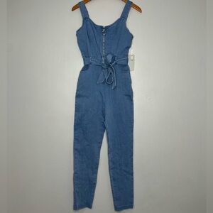 IRIS Basic Women's Blue Denim Belted Jumpsuit NWT